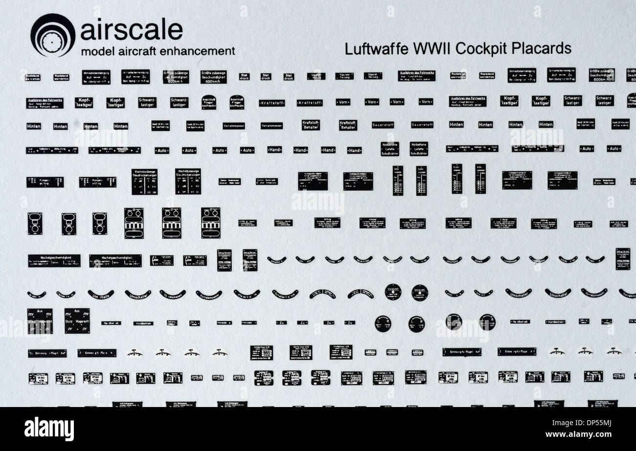 Modelling Aftermarket Decals - 1/24 Skala Luftwaffe Cockpit Details zu skalieren Stockfoto
