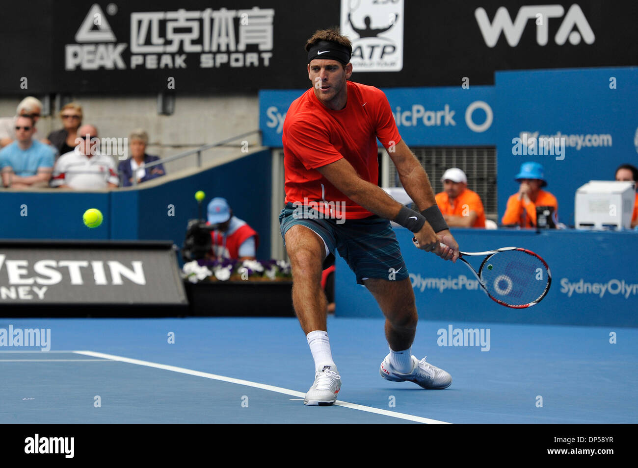 Sydney, Australien. 8. Januar 2014. Juan Martin del Potro aus Argentinien in Aktion gegen Nicholas Mahut aus Frankreich während ihres Spiels bei Apia International Sydney Tennisturnier, Australian Open Series im Sydney Olympic Park Tennis Centre, Homebush. Bildnachweis: Aktion Plus Sport/Alamy Live-Nachrichten Stockfoto