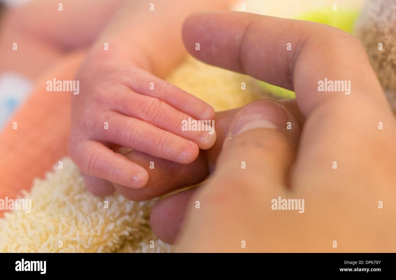 Braunschweig, Deutschland. 7. Januar 2014. Eine Mutter hält die Hand ihres vorzeitigen gelieferten Sohnes liegen in einem Inkubator in einem Raum von der pädiatrischen Intensivstation des Klinikum Braunschweig in Braunschweig, Deutschland, 7. Januar 2014. Die Intensivstation für Kinder inzwischen existiert schon seit 35 Jahren und ist damit der älteste Intensivstation für Frühgeborene und Kinder in Niedersachsen. Foto: Jochen Luebke/Dpa/Alamy Live News Stockfoto