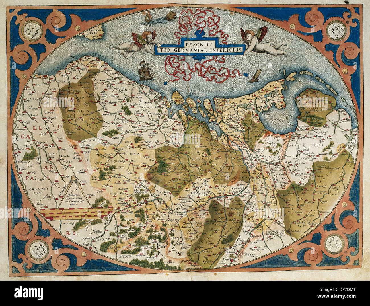 Karte von Deutschland und aktuelle Niederlande. Theatrum Orbis Terrarum von Abraham Ortelius (1527-1598). Erste Ausgabe. Antwerpen, 1574. Stockfoto