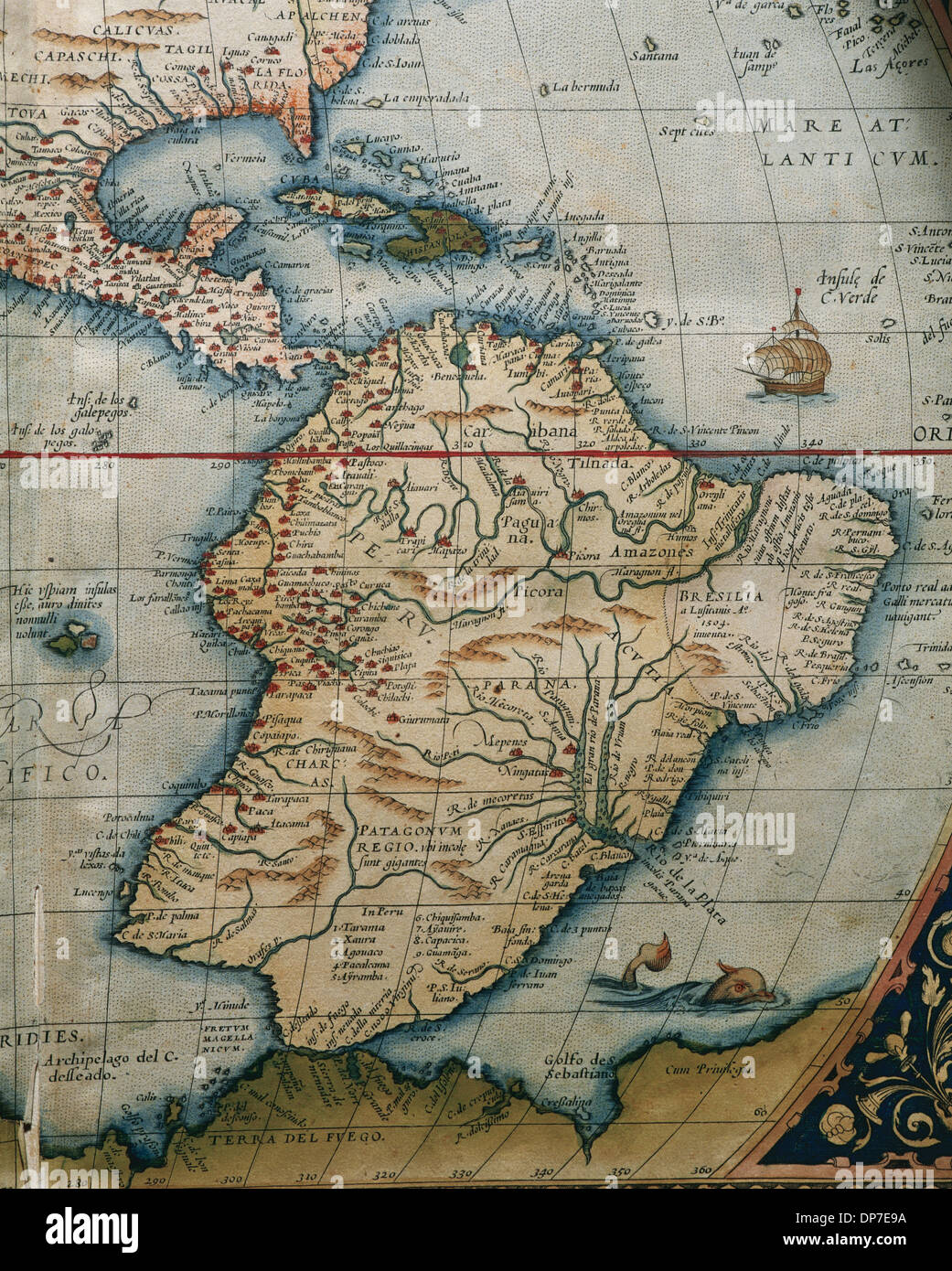 Karte von Mittel- und Südamerika. Theatrum Orbis Terrarum von Abraham Ortelius (1527-1598). Erste Ausgabe. Antwerpen, 1574. Stockfoto