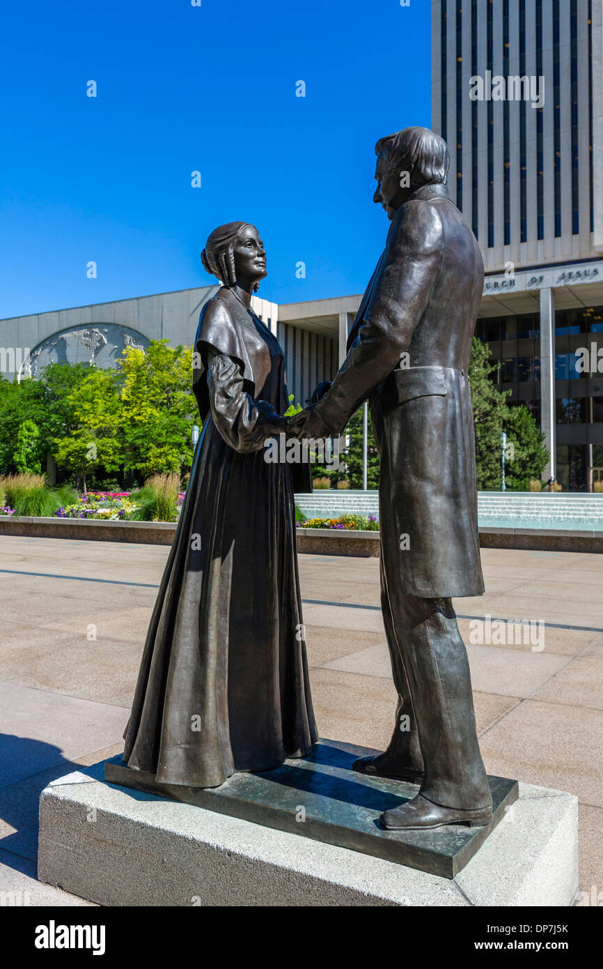 Statuen von Josef und Emma Smith, Tempelplatz, Salt Lake City, Utah, USA Stockfoto
