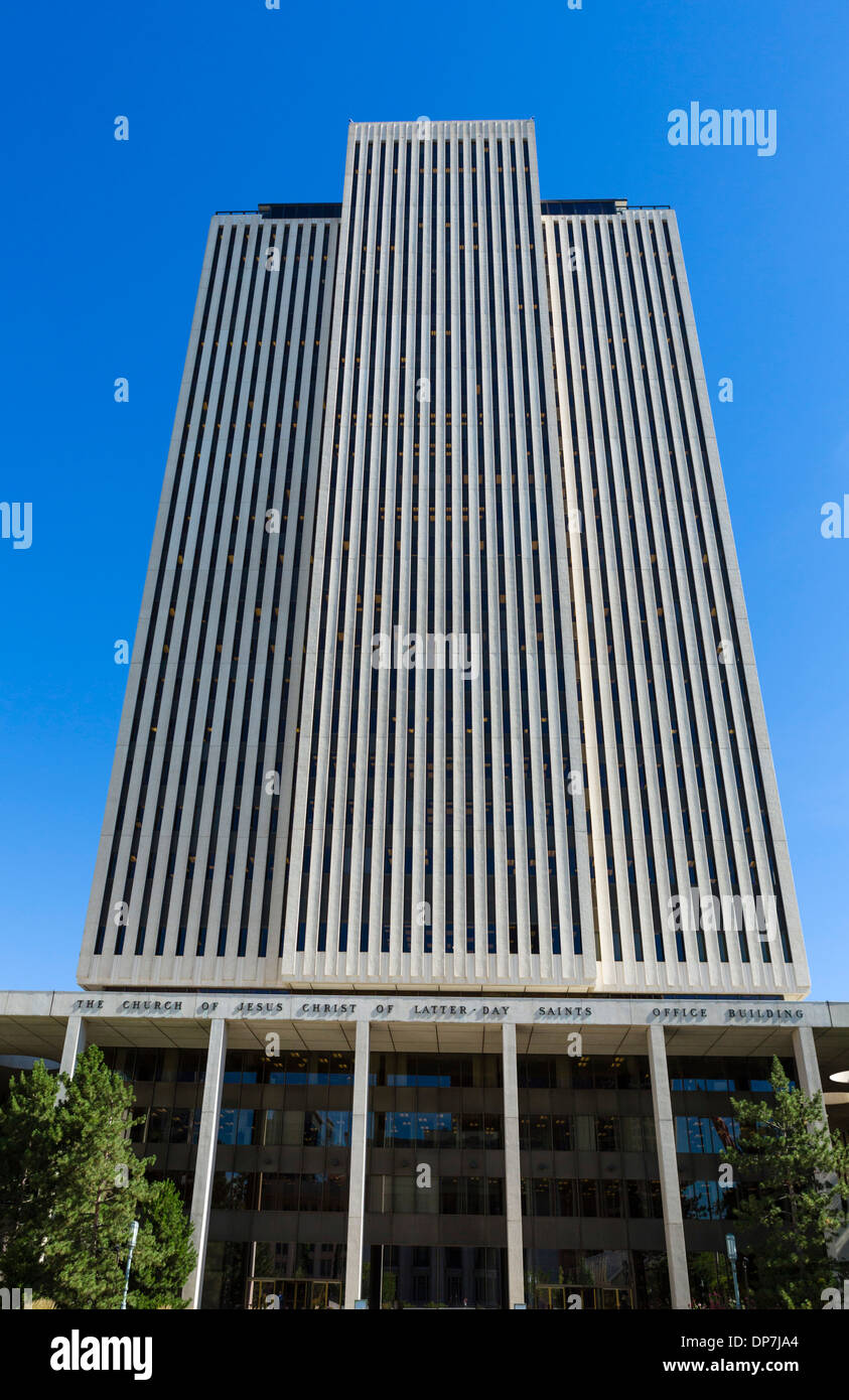 Das Bürogebäude der Kirche von Jesus Christus von Letzten Tagesheiligen, Tempelplatz, Salt Lake City, Utah, USA Stockfoto