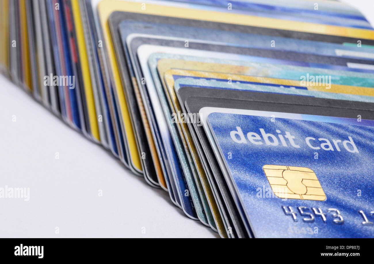 Stapel von Kredit- und EC-Chip und Pin Plastikkarten Stockfoto