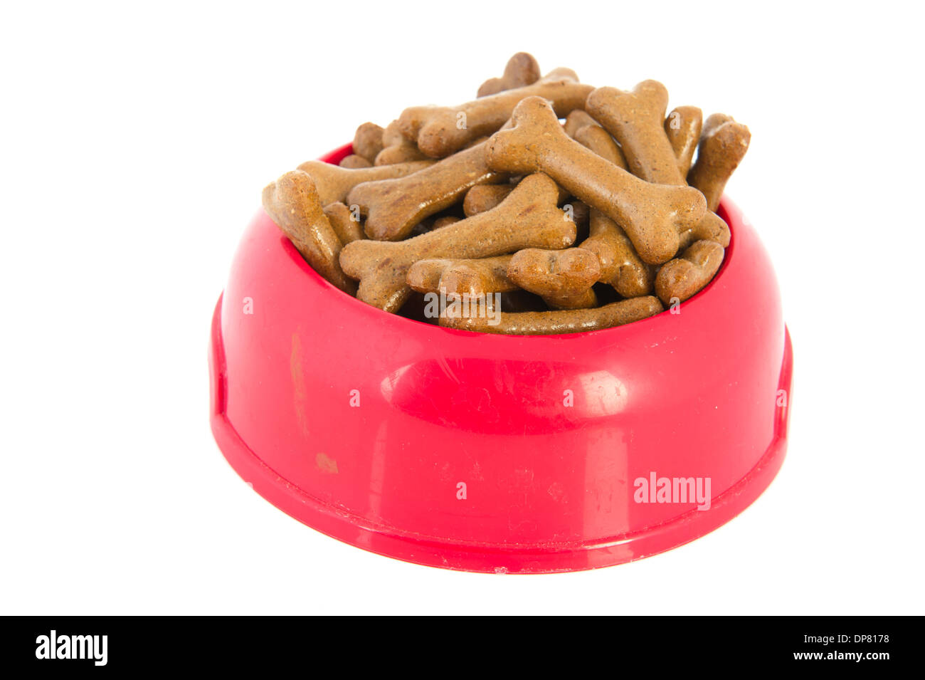Roten Kunststoff-Tablett mit Essen Hundeknochen Stockfoto
