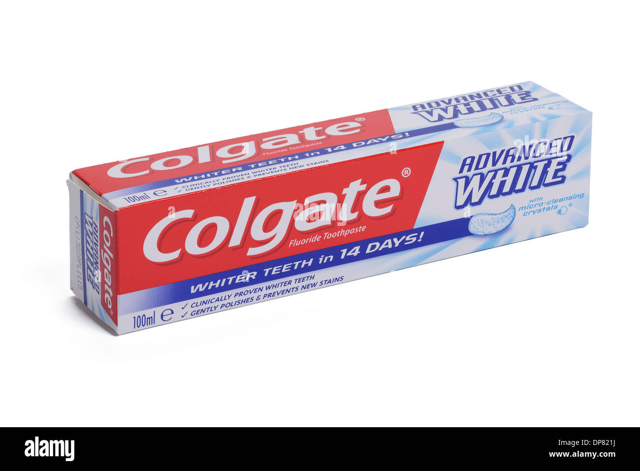 Karton mit Colgate Advanced White Zahnpasta Stockfoto