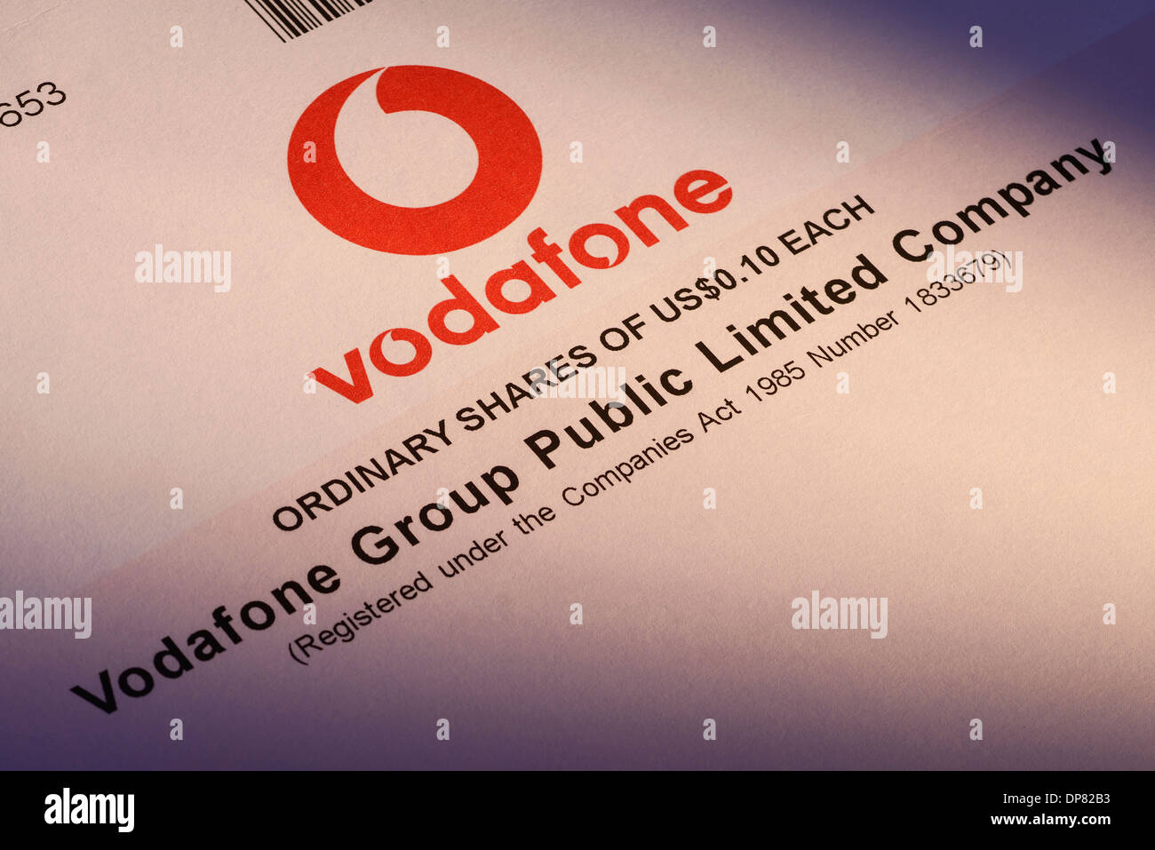 Aktienzertifikat für Vodafone Plc Stockfoto