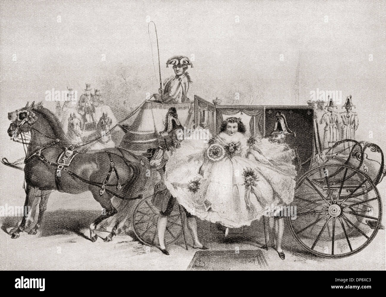 Eine Braut bei ihrer Hochzeit in der Mitte der 1800 ankommen. Stockfoto