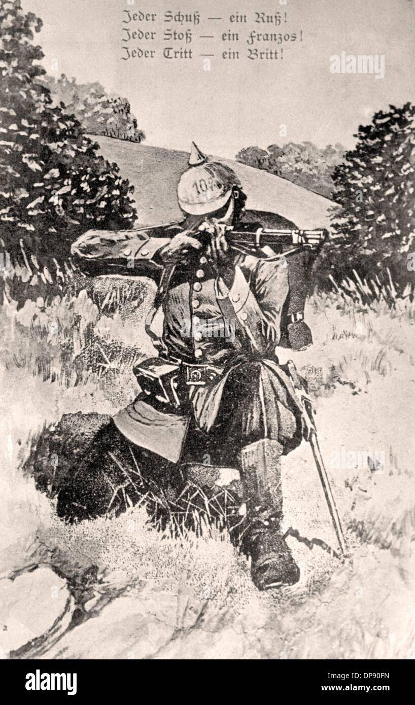 Jeder Schuss - ein Russe! Jeder Stoß - ein Franzose! Jeder Kick - ein Brite!, wird in der Propagandazeit der Zentralmächte (Deutschland und Österreich-Ungarn) gegen die feindliche Entente (Russland, Frankreich und Großbritannien) im Ersten Weltkrieg gesagt Fotoarchiv für Zeitgeschichte Stockfoto