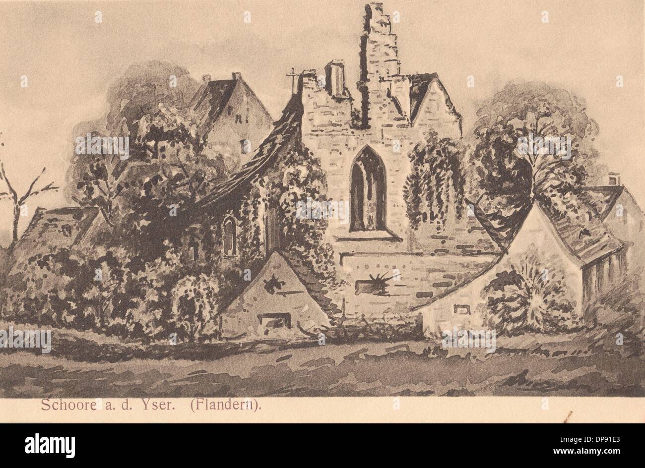 Eine deutsche Postkarte aus dem Ersten Weltkrieg zeigt eine zerstörte Kirche in Schore am Yser River in der Nähe von Middelkerke in Westflandern, Belgien, im Jahr 1915. Fotoarchiv für Zeitgeschichte Stockfoto