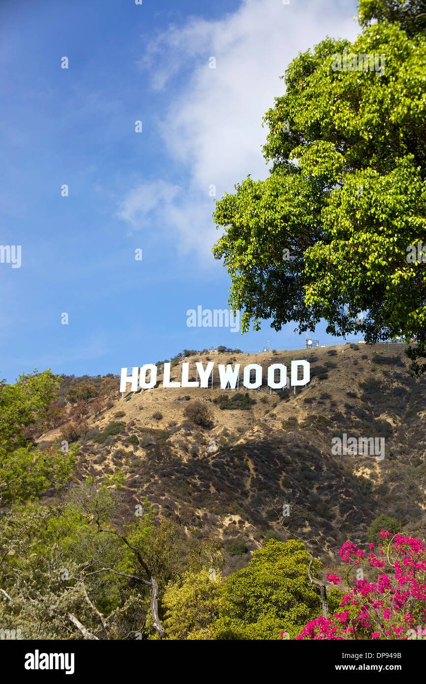 Blick auf Hollywood-Schild, Los Angeles, Kalifornien, Vereinigte Staaten von Amerika. Amerikanisches Touristenziel mit Hügeln, Bäumen und Sommerhimmel in den USA Stockfoto