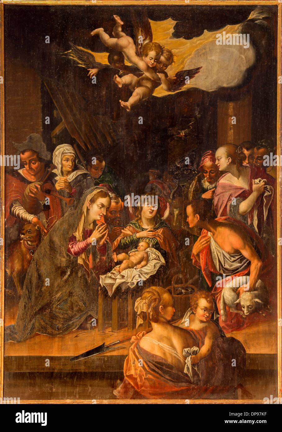 Krippe auf dem Holz von Renaissance-barocken Hauptaltar der gotische evangelische Kirche in Stitnik von Hans von Achensee (1636) Stockfoto