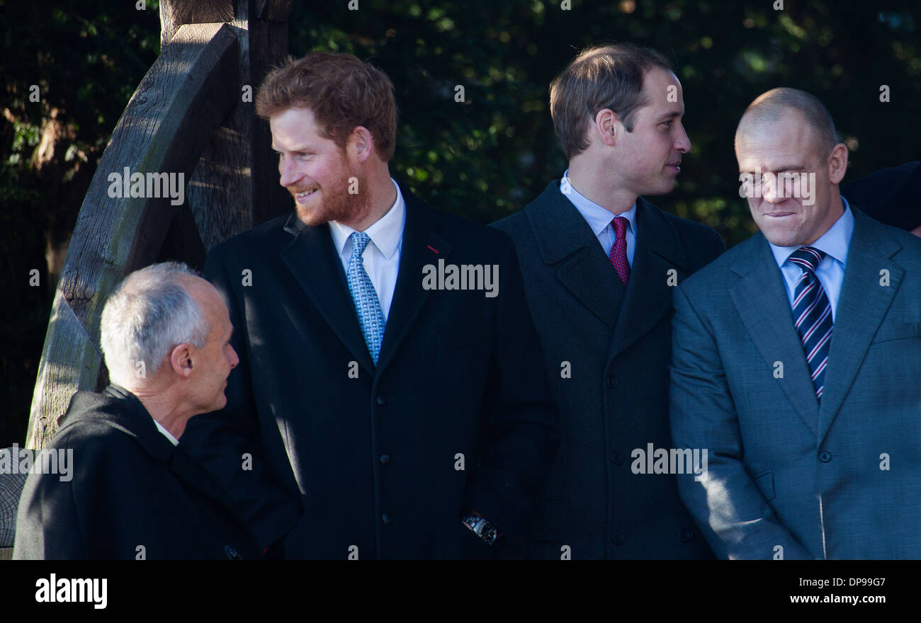 Prinz Harry, Prinz William und Mike Tindall besuchen den königlichen Familie Service in Sandringham am Weihnachtstag 2013 Stockfoto