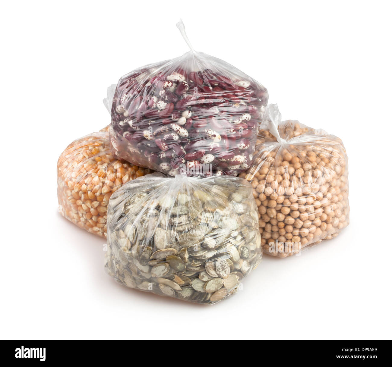 Samen-Bohnen-Erbsen-Taschen isoliert auf weiss Stockfoto