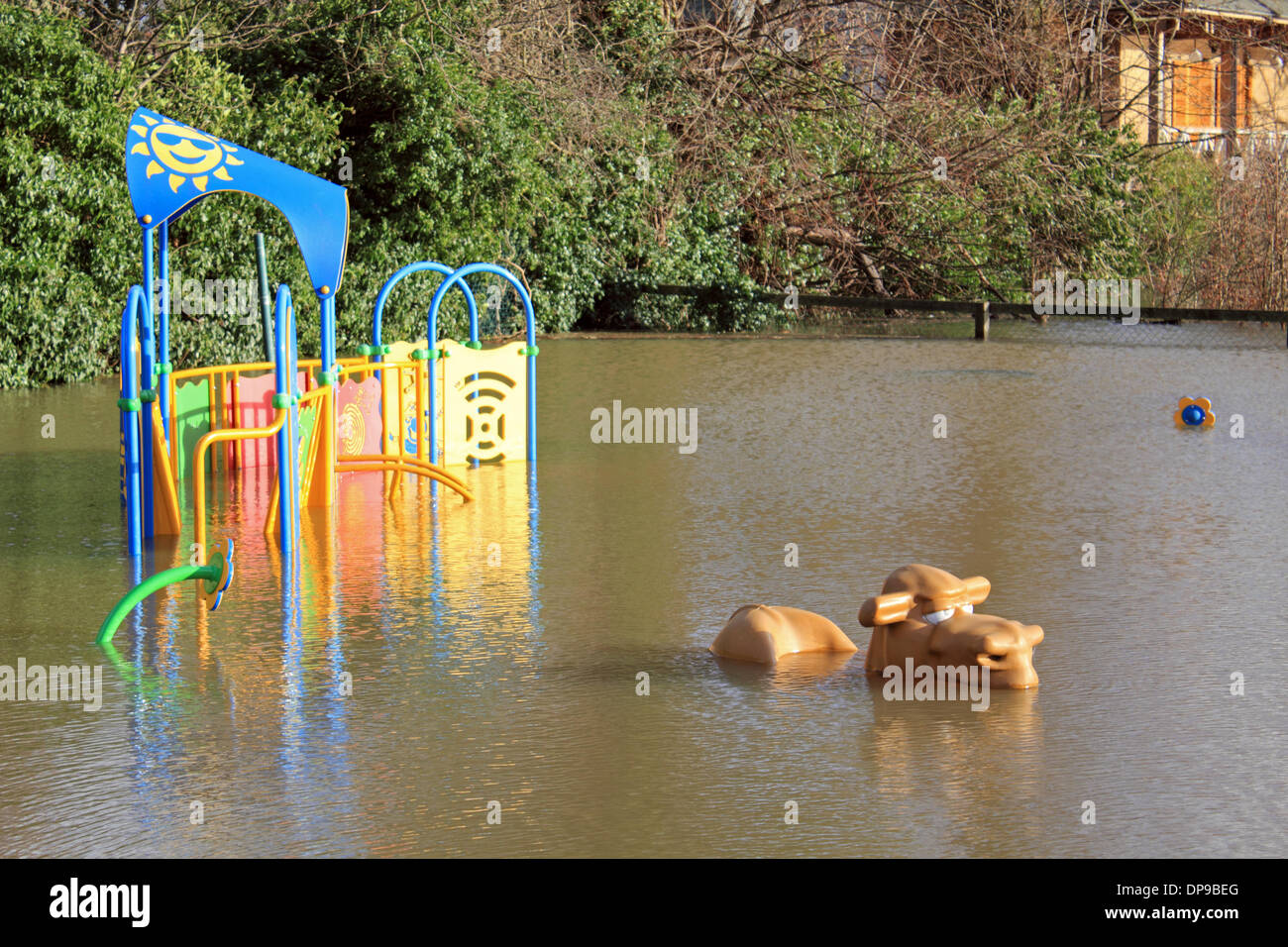 Sunbury-on-Thames, Surrey, England, UK. 9. Januar 2014. Da das schlechte Wetter Starkregen in ganz England zu bringen weiterhin, hat der Themse am unteren Sunbury überschwemmt. Die Environment Agency hat weiteren Hochwasserwarnungen für die Themse heute Abend von Staines, Hampton Court ausgegeben. Der Kinderspielplatz am alten Bahnhof Baden, Thames Street, ist Sunbury unter Wasser. Dieses Kamel hat auf jeden Fall den Buckel! Bildnachweis: Julia Gavin/Alamy Live-Nachrichten Stockfoto