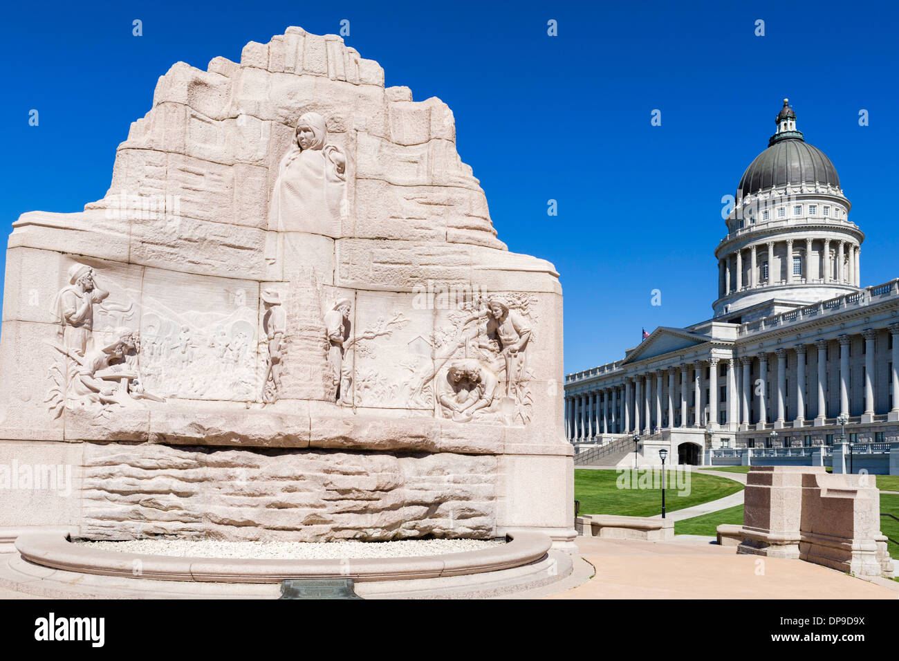 Das Mormone-Bataillon-Denkmal vor dem Kapitol von Utah, Salt Lake City, Utah, USA Stockfoto