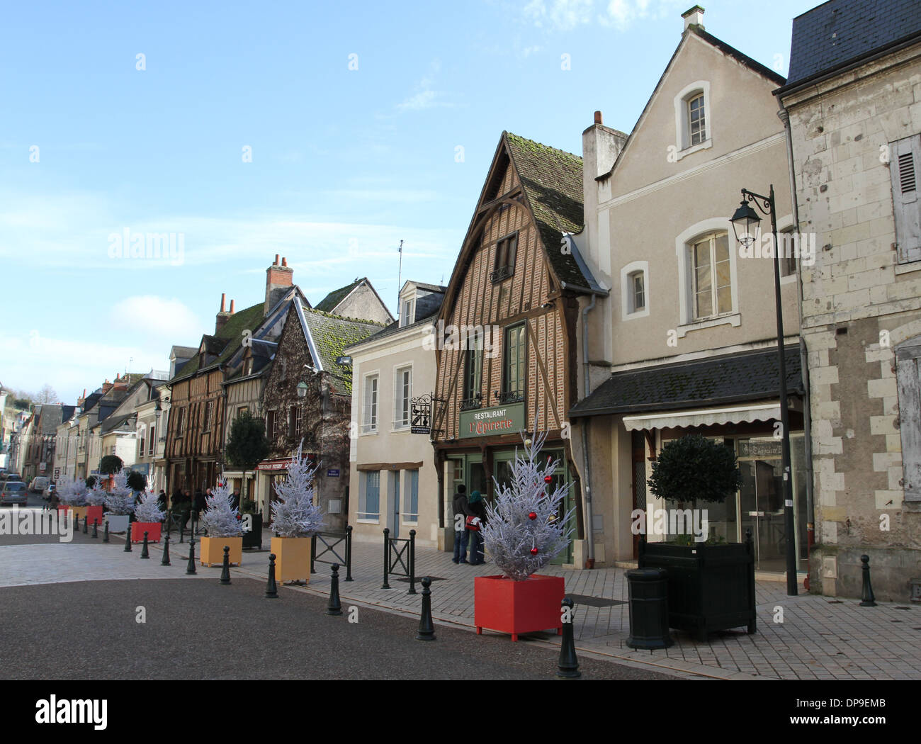 Amboise Straßenszene Weihnachten Bäume Frankreich Januar 2014 Stockfoto