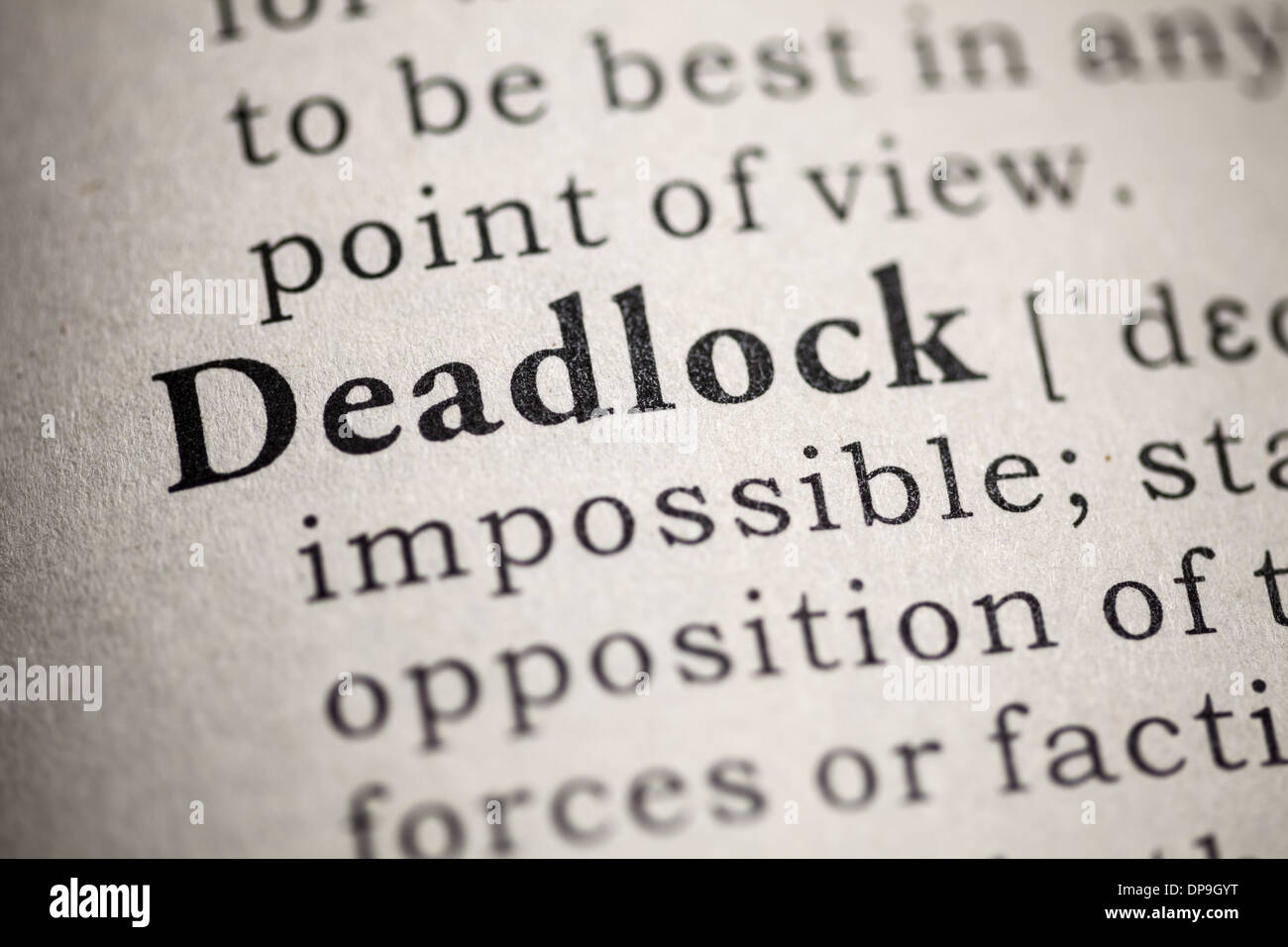 Gefälschte Wörterbuch, Wörterbuch-Definition des Wortes Deadlocks. Stockfoto
