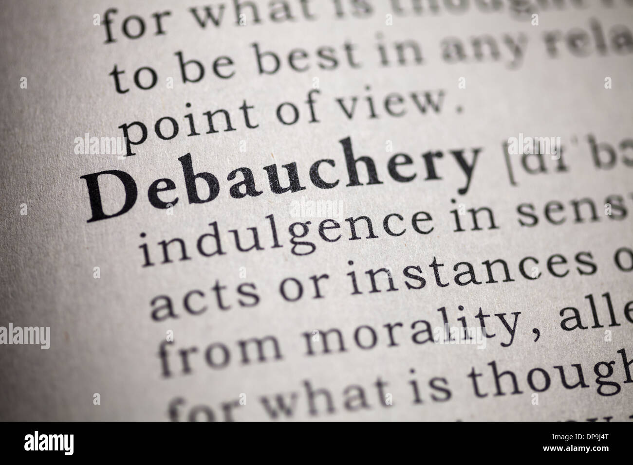 Gefälschte Wörterbuch, Wörterbuch-Definition des Wortes Ausschweifungen. Stockfoto