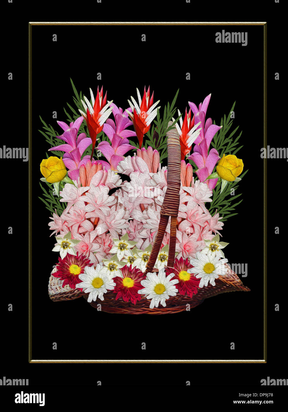 Spektakuläre Blumenkunst - Bouquet aus bunten Blumen, rote Chrysanthemen, weiße Margeriten, gelbe Rosen, Helikonien im Korb, schwarzer Hintergrund Stockfoto