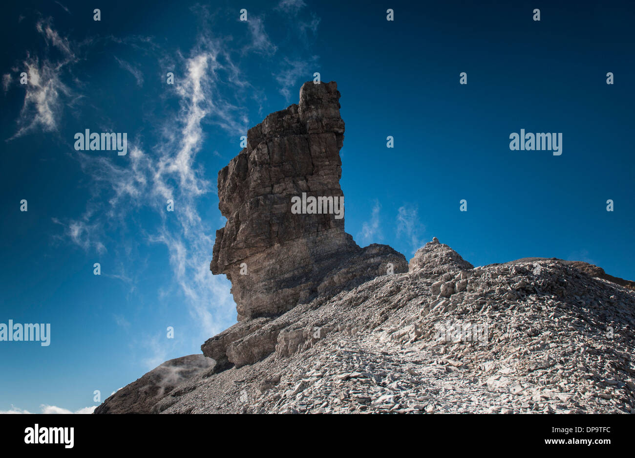 Blick auf den berühmten Felsen Le Doigt an der spanisch-französischen Grenze in den Pyrenäen Stockfoto