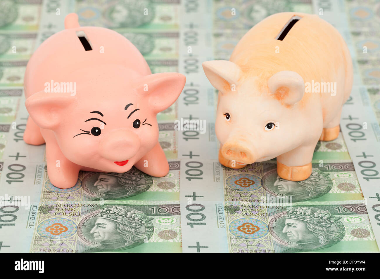 zwei Schweinchen auf Polnisch Geld als Hintergrund Stockfoto