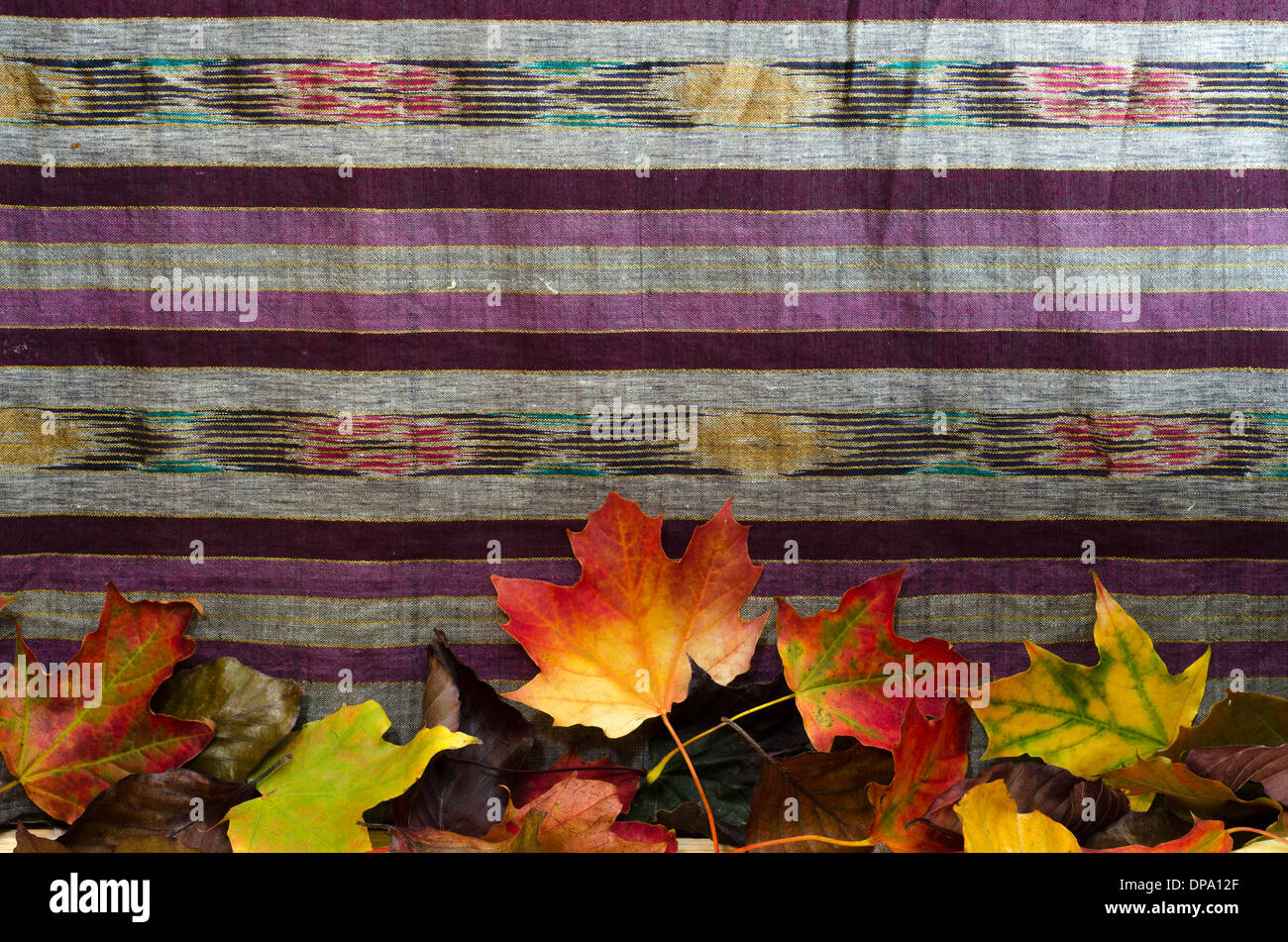 Ein Tuch Hintergrund verziert mit bunten Herbstlaub an Unterkante, mit Platz für Text auf Tuch. Stockfoto