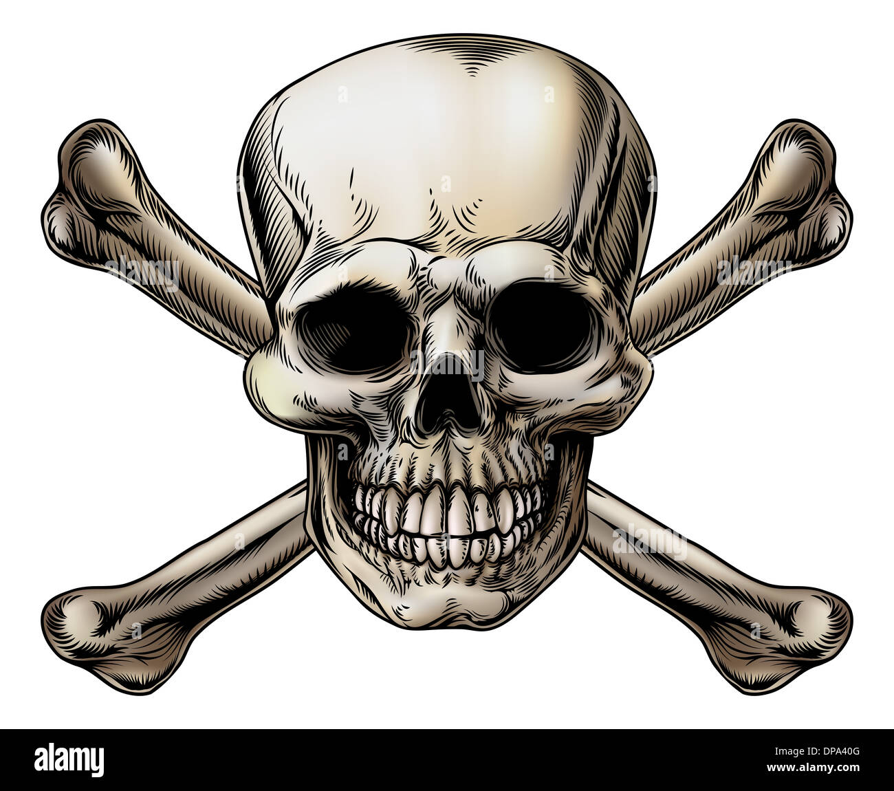 Ein Totenkopf-Symbol Illustration ein menschlicher Schädel mit gekreuzten Knochen dahinter. Stockfoto