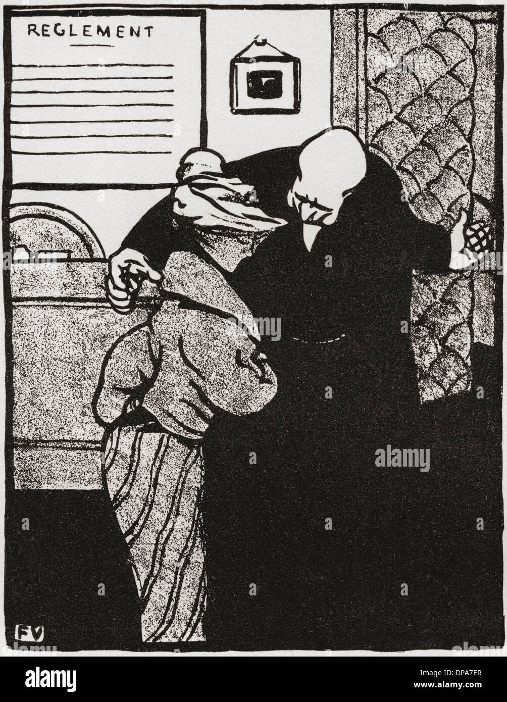 Ein braver Mann läutet eine junge Frau in sein Büro nach einem Werk von Felix Vallotton von "Verbrechen und Strafe". Stockfoto
