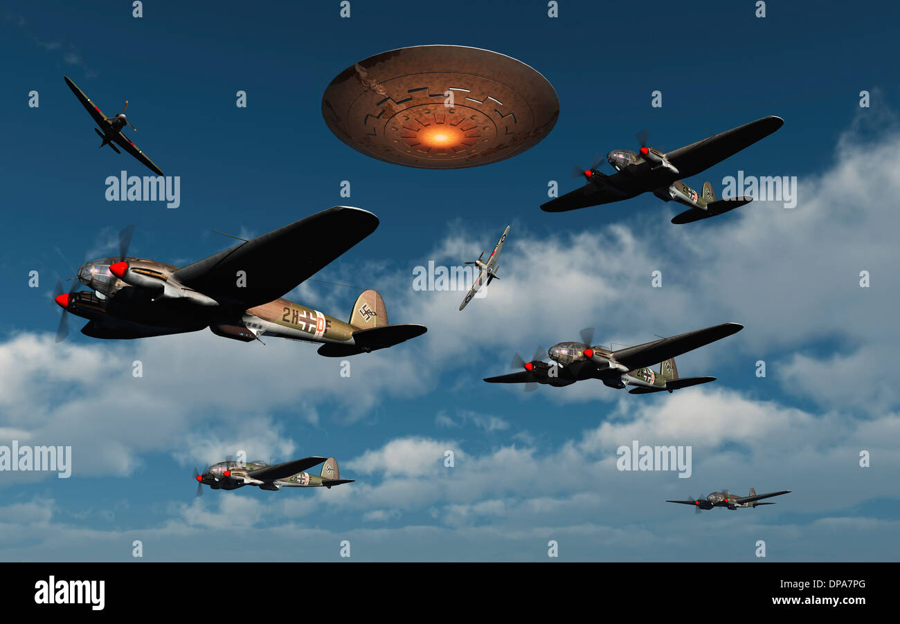 Deutsche & alliierte Flugzeuge wurden während des 2. Weltkrieges von Foo Fighters (UFOs) summte. Stockfoto
