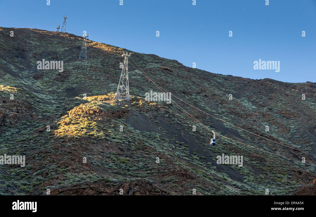 Teide Nationalpark UNESCO World Heritage Site Sonnenuntergang im November. Seilbahn, die letzte Reise des Tages. Stockfoto