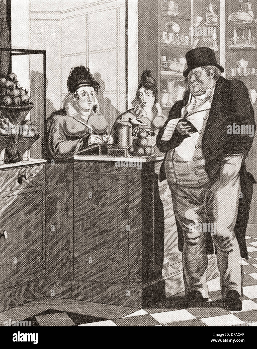Englischer Gentleman, die Zahlung der Rechnung in einem Paris Restaurant nach einem Werk von Queverdo, 1815. Stockfoto