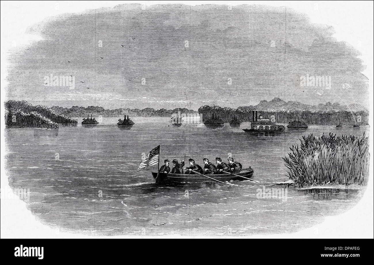 Amerikanischer Bürgerkrieg 1861-1865 Bundes Flottille auf dem Mississippi River von Fort Pillow kurz vor der Evakuierung ist. Viktorianischen Holzschnitt, Kupferstich, ca. 1862 Stockfoto