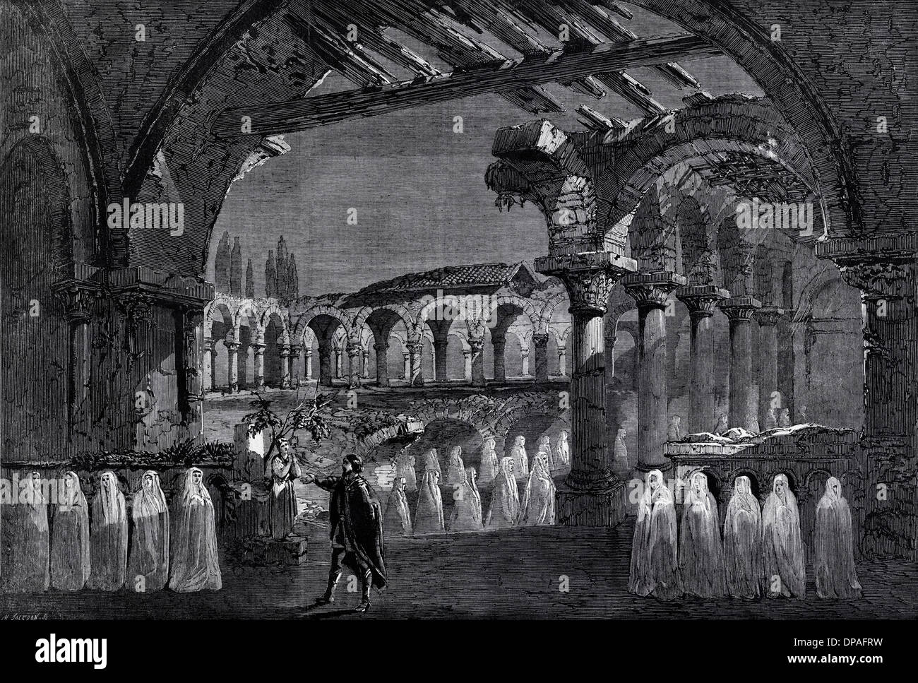 Die Nonne Szene im Gesetz III von Robert le Diable Oper von Giacomo Meyerbeer in Her Majesty's Theatre London England UK. Viktorianische Holzschnitt Kupferstich ca. 1862 Stockfoto