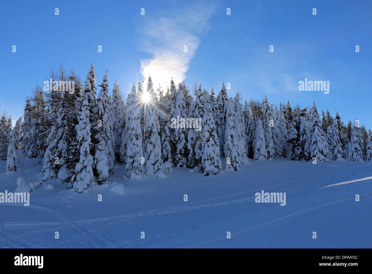 Winter im Cadore Dolomiten. Snow Crystals. Pian dei Buoi Plateau. Die Dolomiten. Berglandschaft. Veneto, der italienischen Alpen. Stockfoto