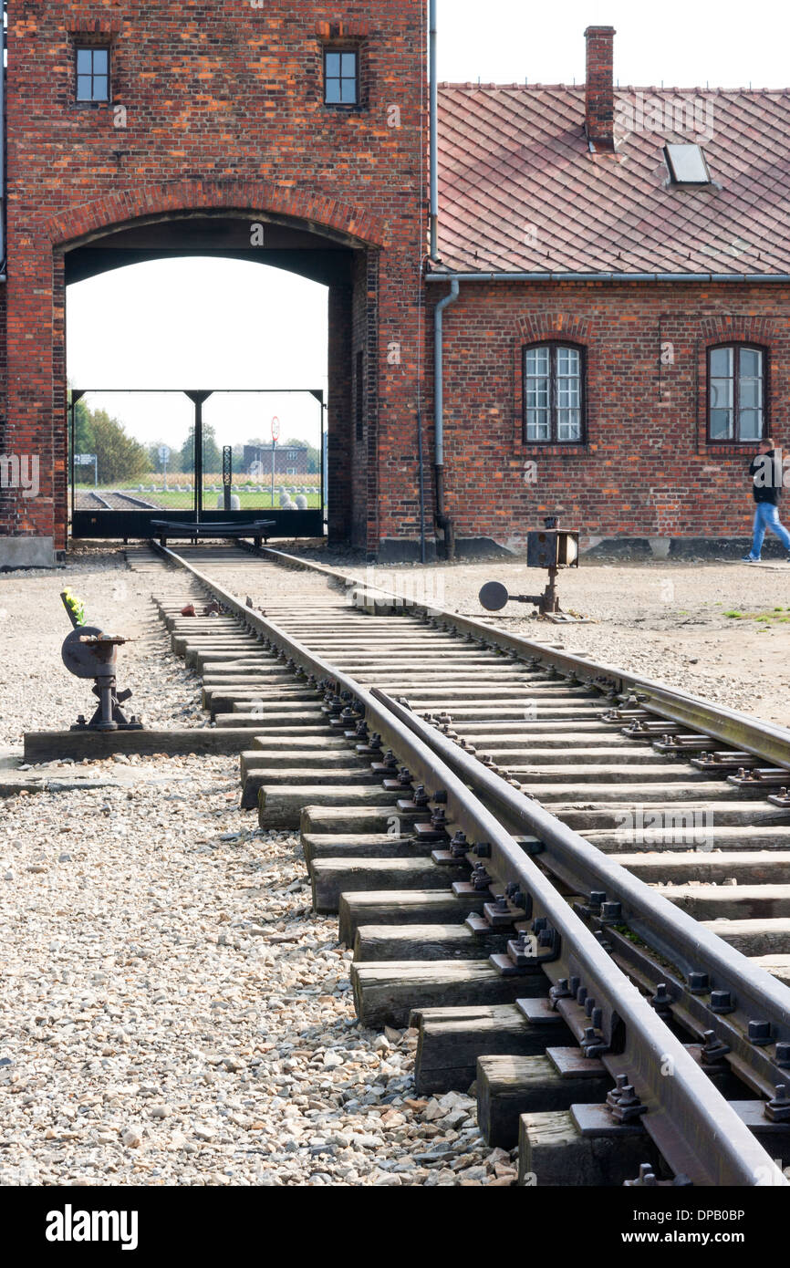 Gleise mit Death Gate-Eingang für die Opfer, die kamen mit dem Zug in das KZ Auschwitz II, Polen Stockfoto