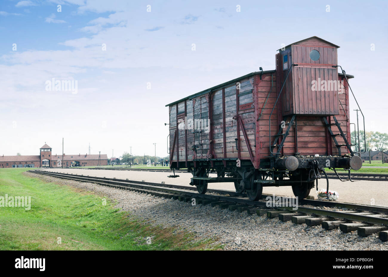 Boxcar bei Entladung Plattform wo Opfer ankam, Auschwitz II Birkenau KZ, Oswiecim, Polen, Europa Stockfoto