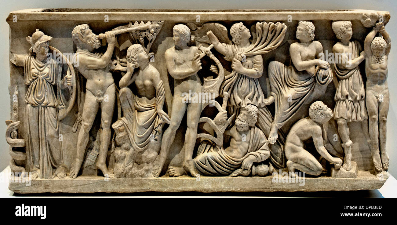 Sarkophag musikalischen Wettstreit zwischen Apollo und der Satyr Marsyas Cose Italien, 290-300 n. Chr. Marmor römischen Rom Stockfoto