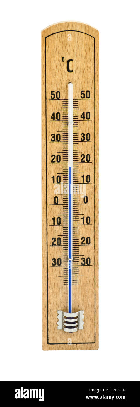 Hölzerne Thermometer isoliert auf weiss Stockfoto