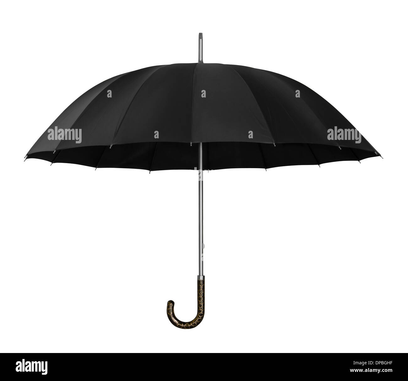 Offenen schwarzen Regenschirm isoliert auf weiss Stockfoto