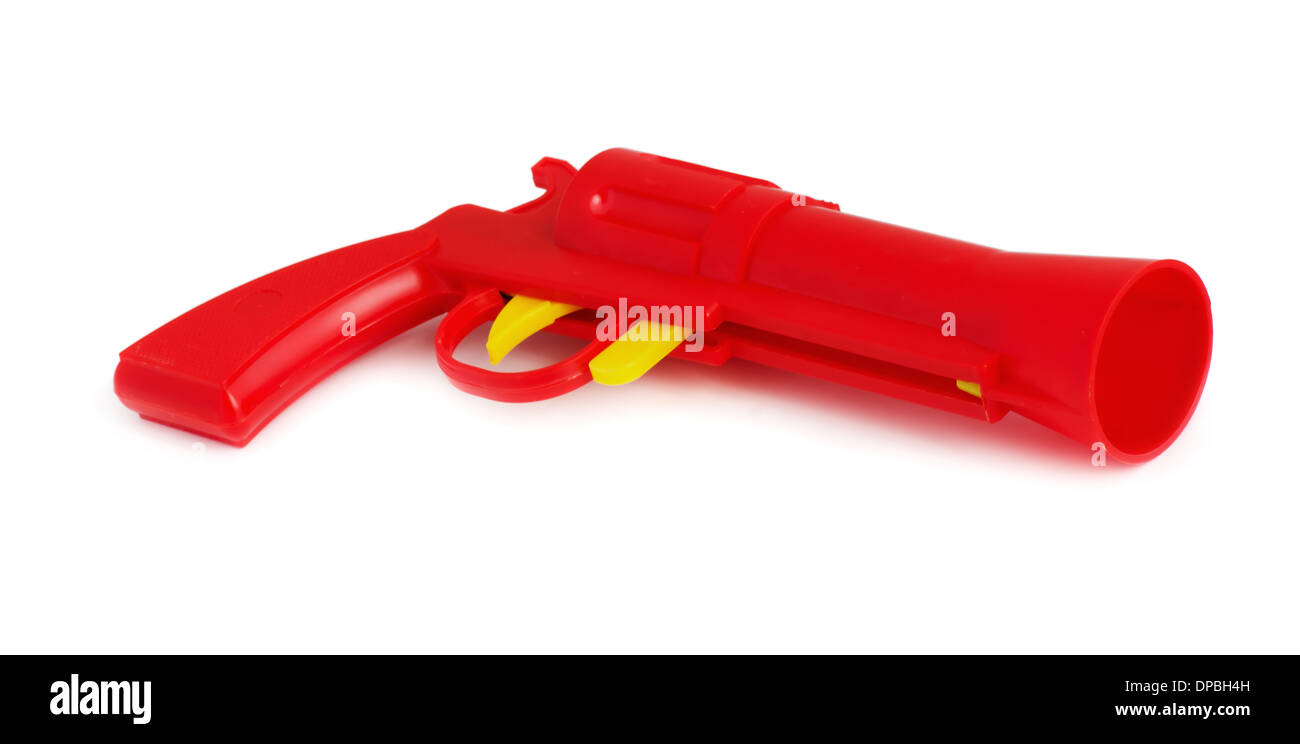 Roter Kunststoff Spielzeugpistole isoliert auf weiss Stockfoto