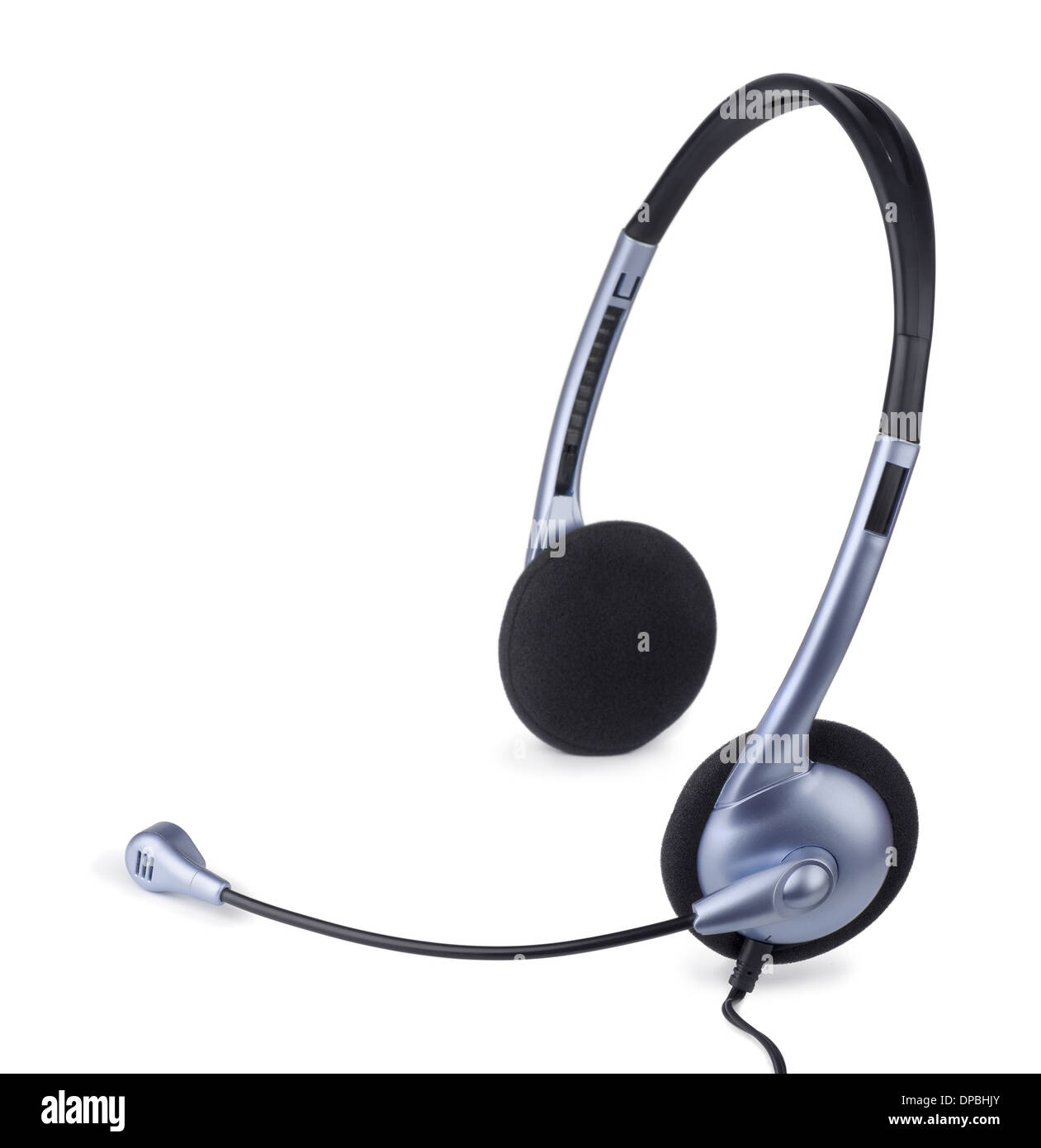 Blaue Kopfhörer mit Mikrofon isoliert auf weiss Stockfoto