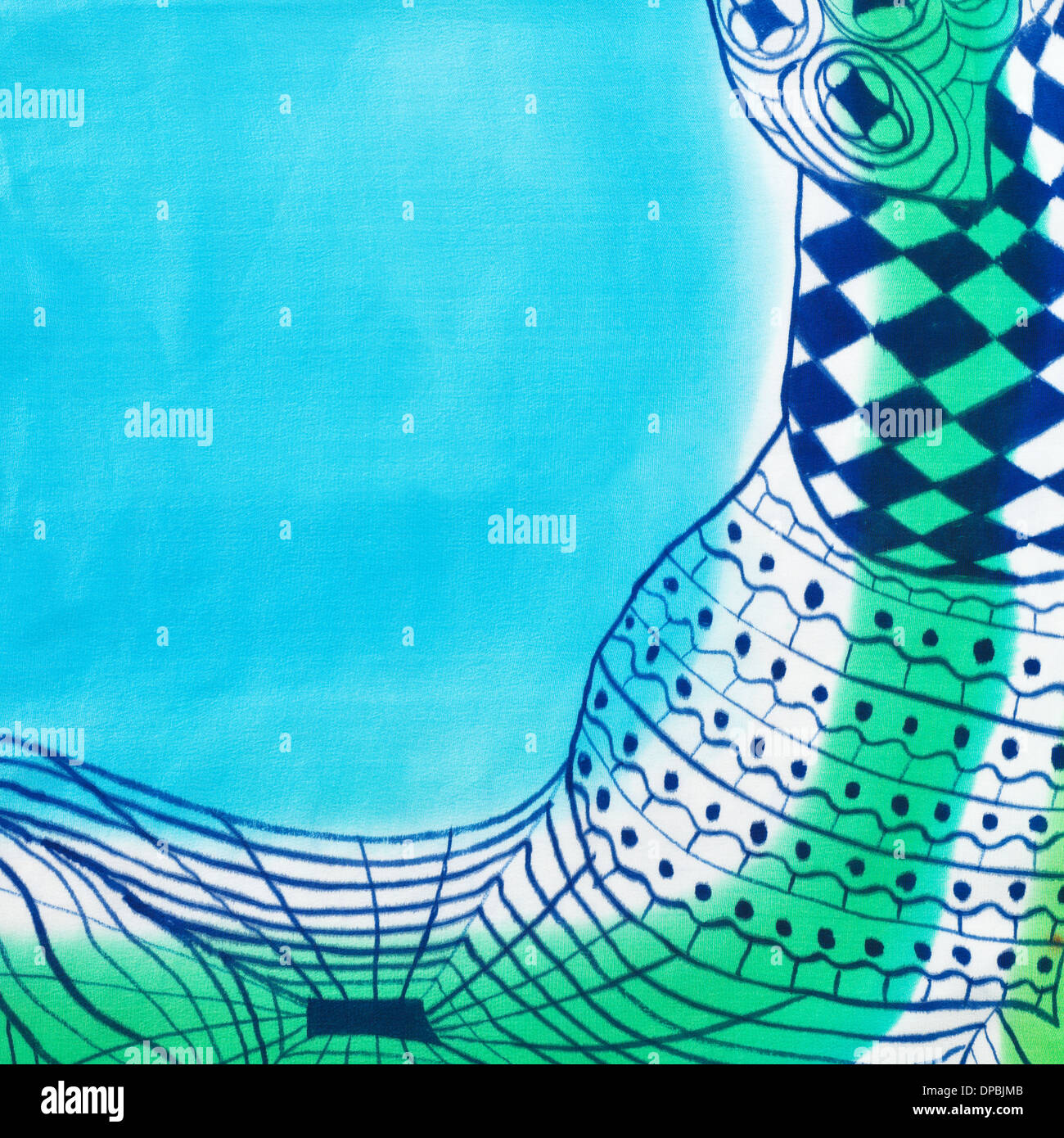 abstrakte blaue Zeichnung geometrische Muster bemalte Seide Batik auf handgemachte Schal Stockfoto
