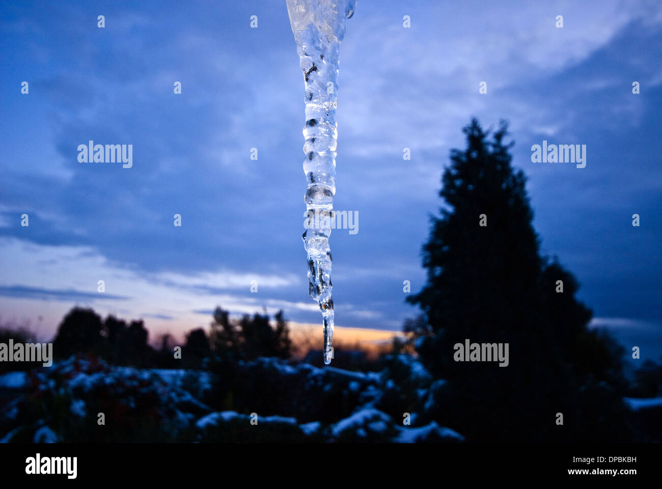 Großen Eiszapfen gegen ein Wolkenhimmel Dawn. Stockfoto