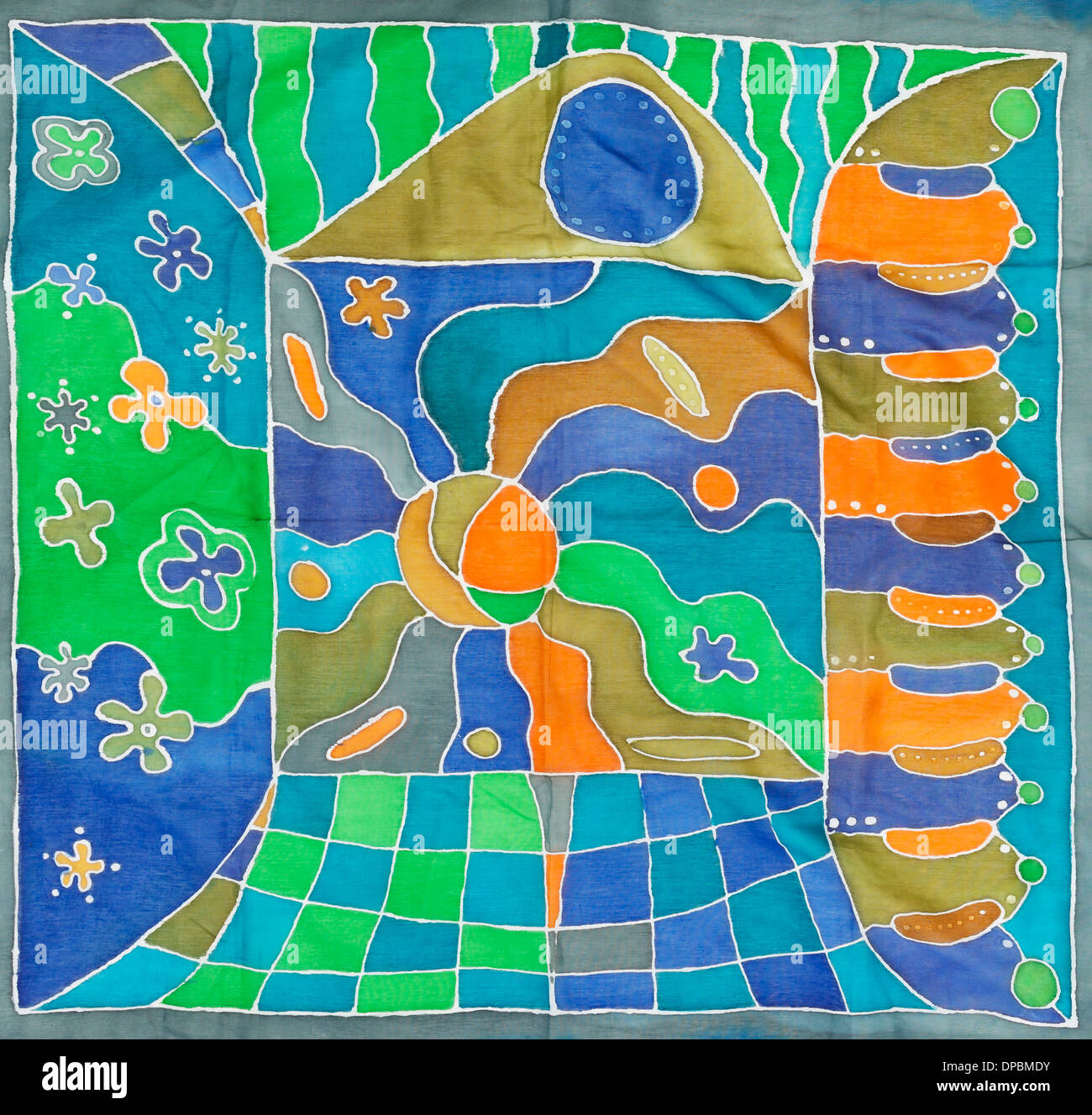 abstrakte architektonische Muster bemalte Seide Batik auf handgemachte Schal Stockfoto