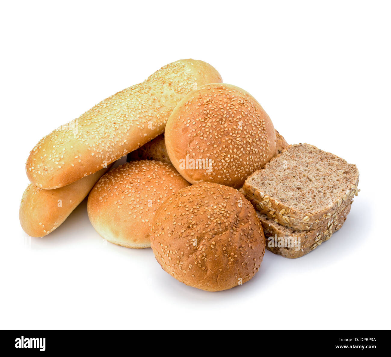 Brot Brote und Brötchen verschiedene isoliert auf weißem Hintergrund Stockfoto