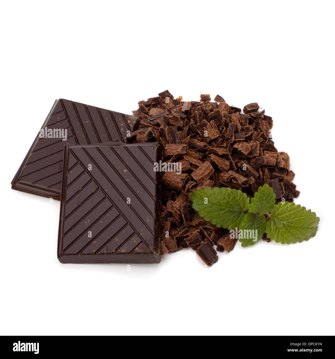 Schokolade und Minze isoliert auf weißem Hintergrund Stockfoto