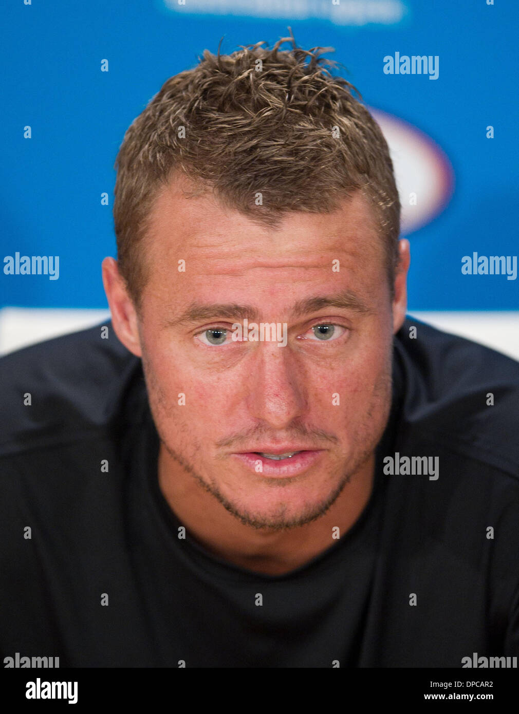 Melbourne, Australien. 12. Januar 2014. Lleyton Hewitt Australiens besucht eine Pressekonferenz vor 2014 Australian Open-Tennis-Turnier in Melbourne, Australien, 12. Januar 2014. Bildnachweis: Bai Xue/Xinhua/Alamy Live-Nachrichten Stockfoto