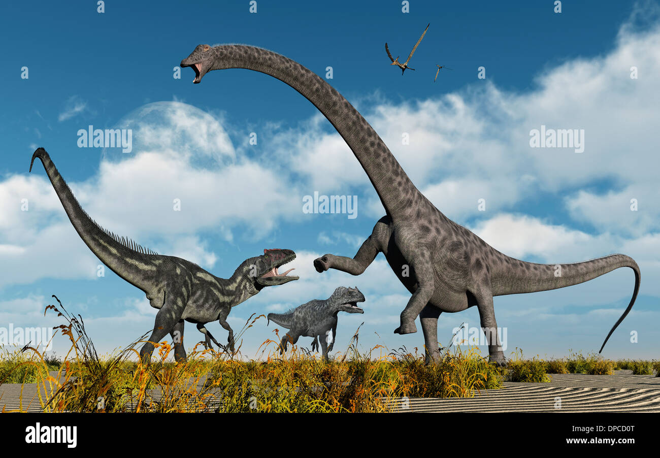 Ein paar Allosaurus Konfrontation mit einem Diplodocus. Stockfoto