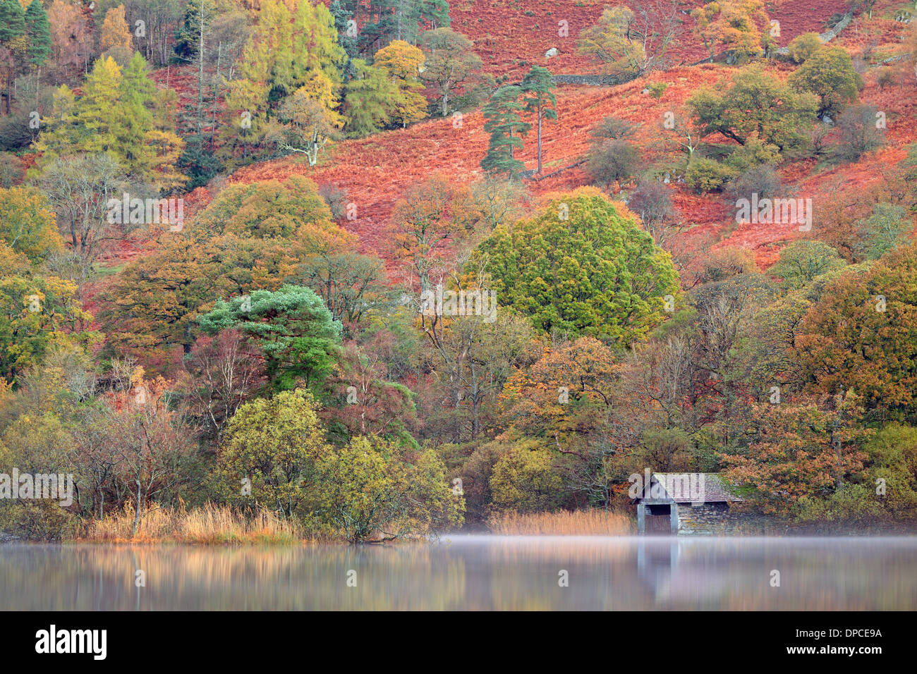 Nebligen Morgen mit Bootshaus am Rydal Wasser in den Lake District in England Stockfoto